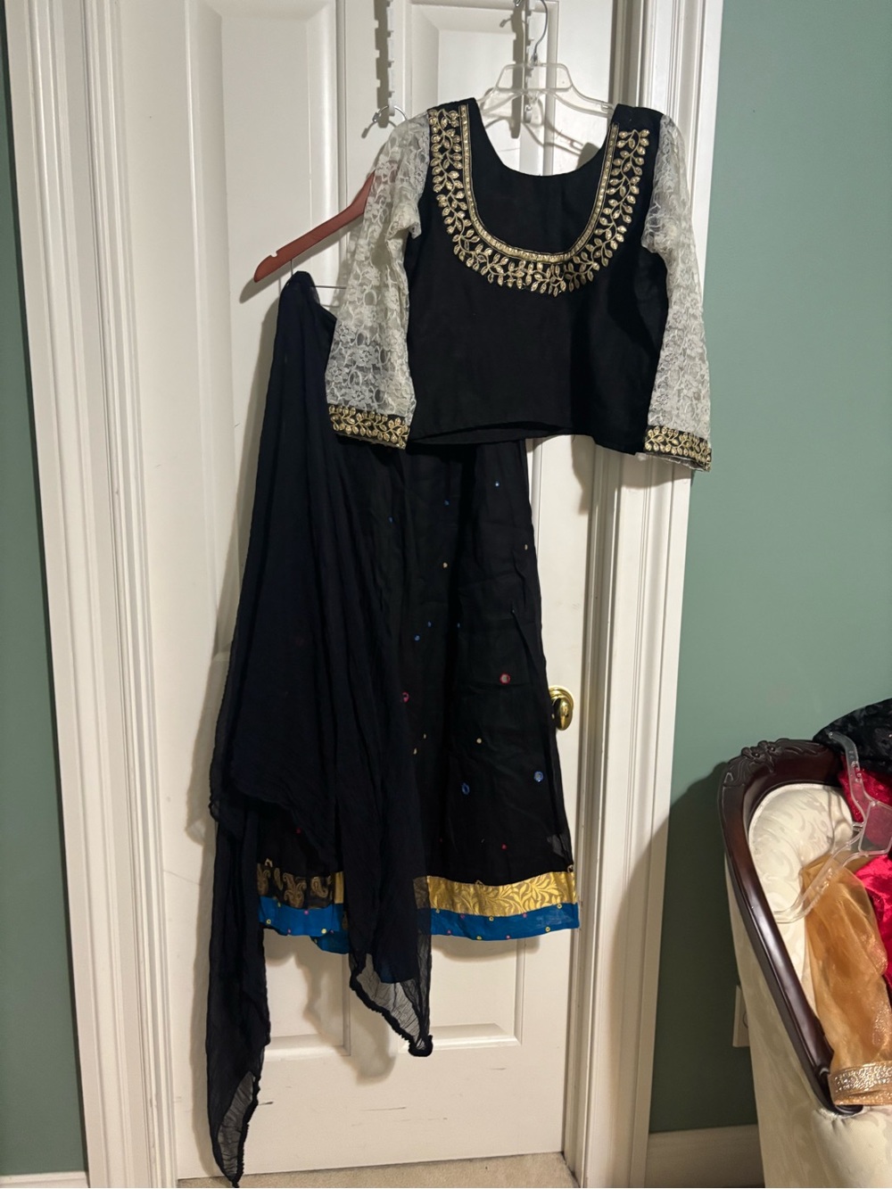 Embellished Black Crop Top with Blue Sari and skirt Lehenga  Set Large size.